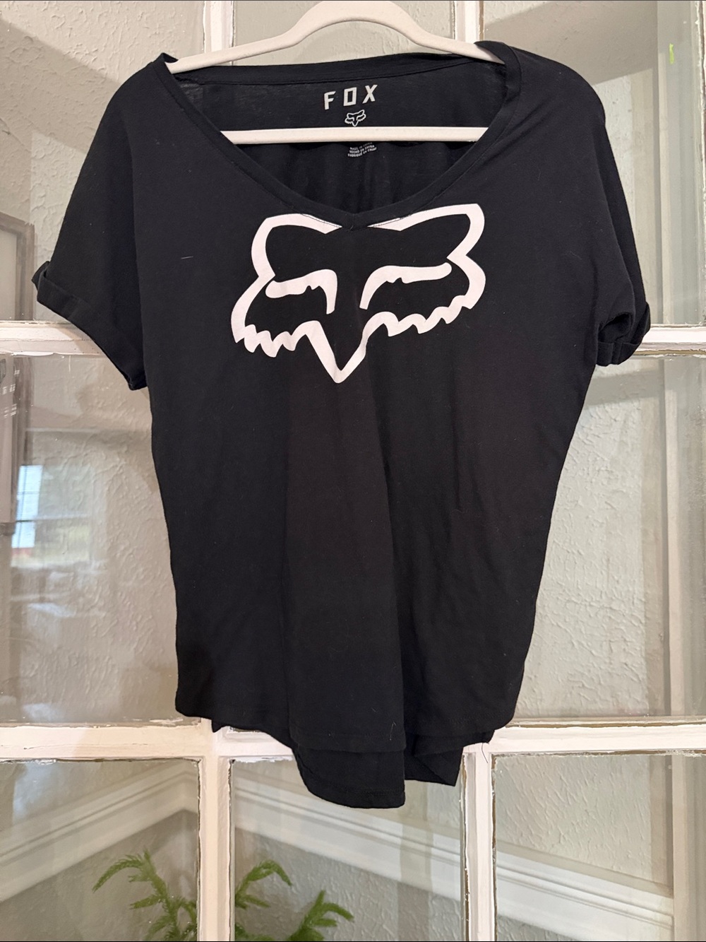 Fox Black Short-Sleeve V-Neck Tee with White Fox Head Logo